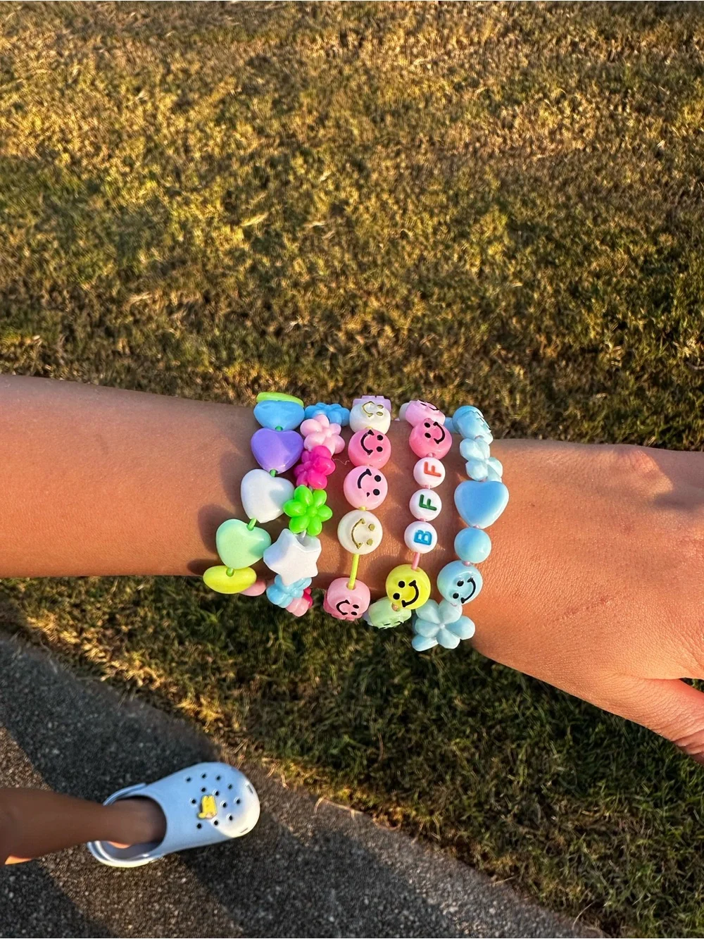 Kids Multicolor Beaded Stretch Bracelets - Pastel Smiley & Heart Set